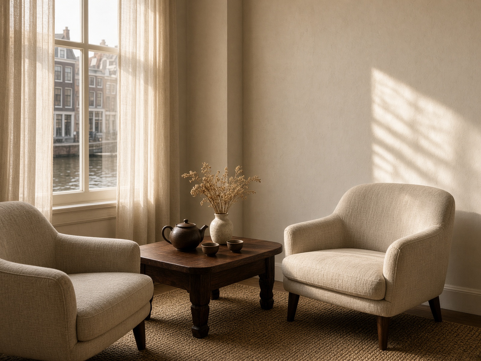 Wachtkamer met linnen stoelen en thee